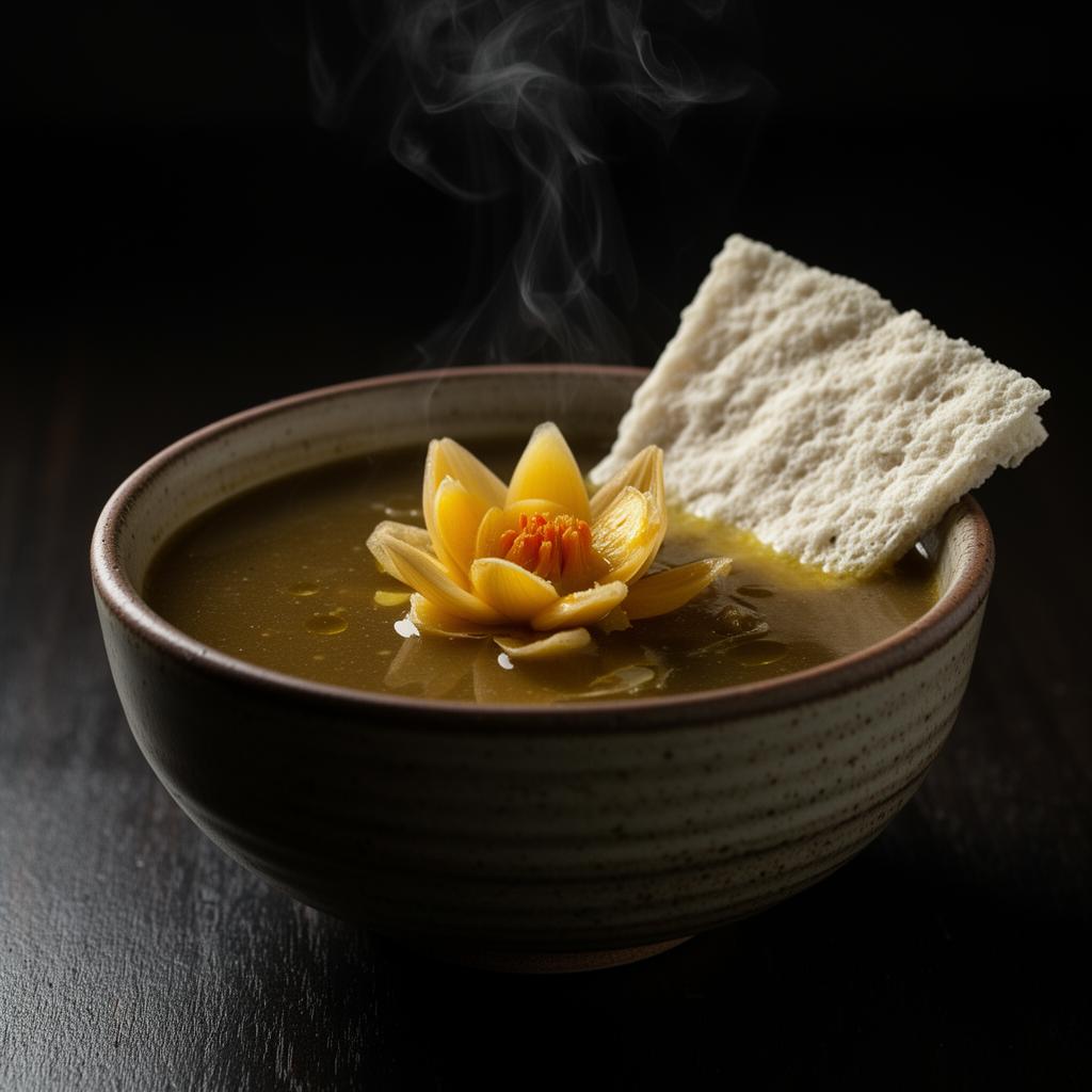 Caldo de pescado en tucupi, flor de chontaduro y casabe